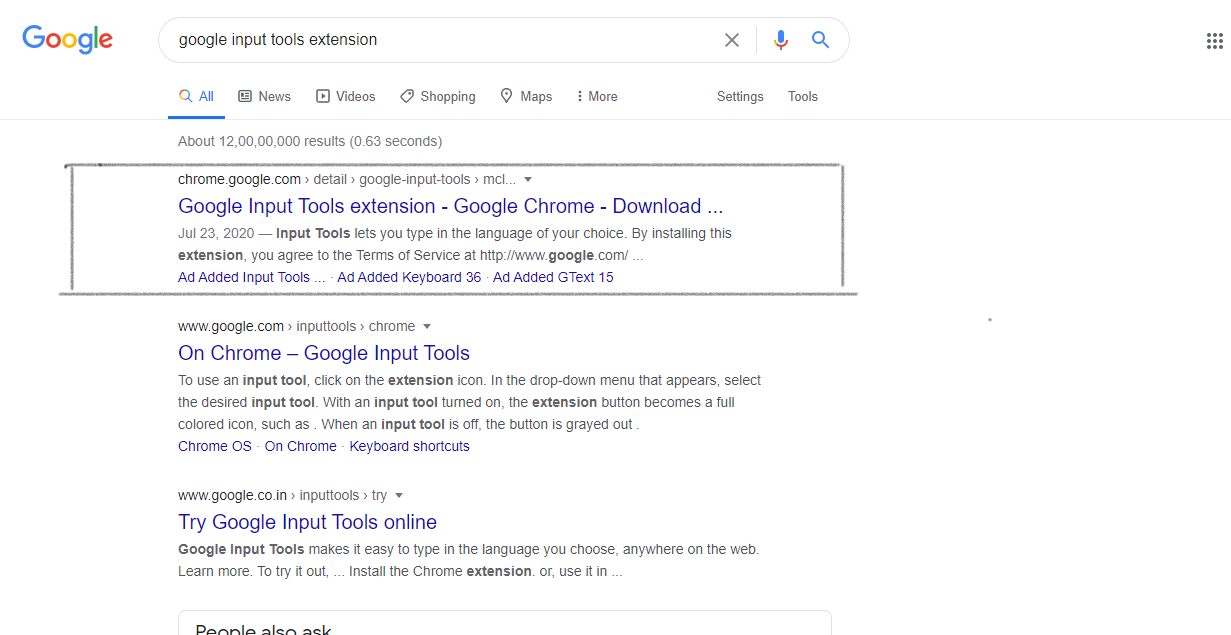Google input tools extension search results.